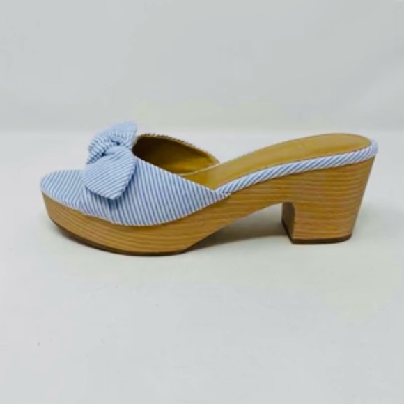 J. CREW SANDALS PRINTED BOW-HEEL MULES WOMEN’S  PLATFORM WOOD BLUE COLOR SIZE 9 - Picture 5 of 7